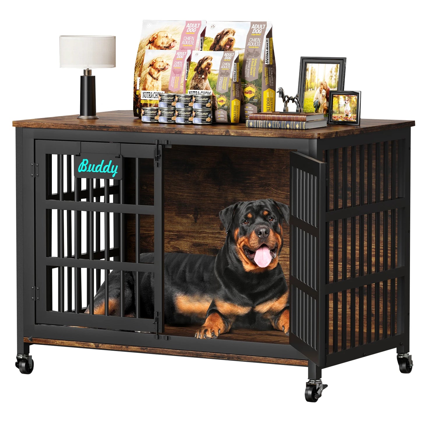 Heavy Duty Wooden Dog Crate Furniture Indoor Kennel With Casters