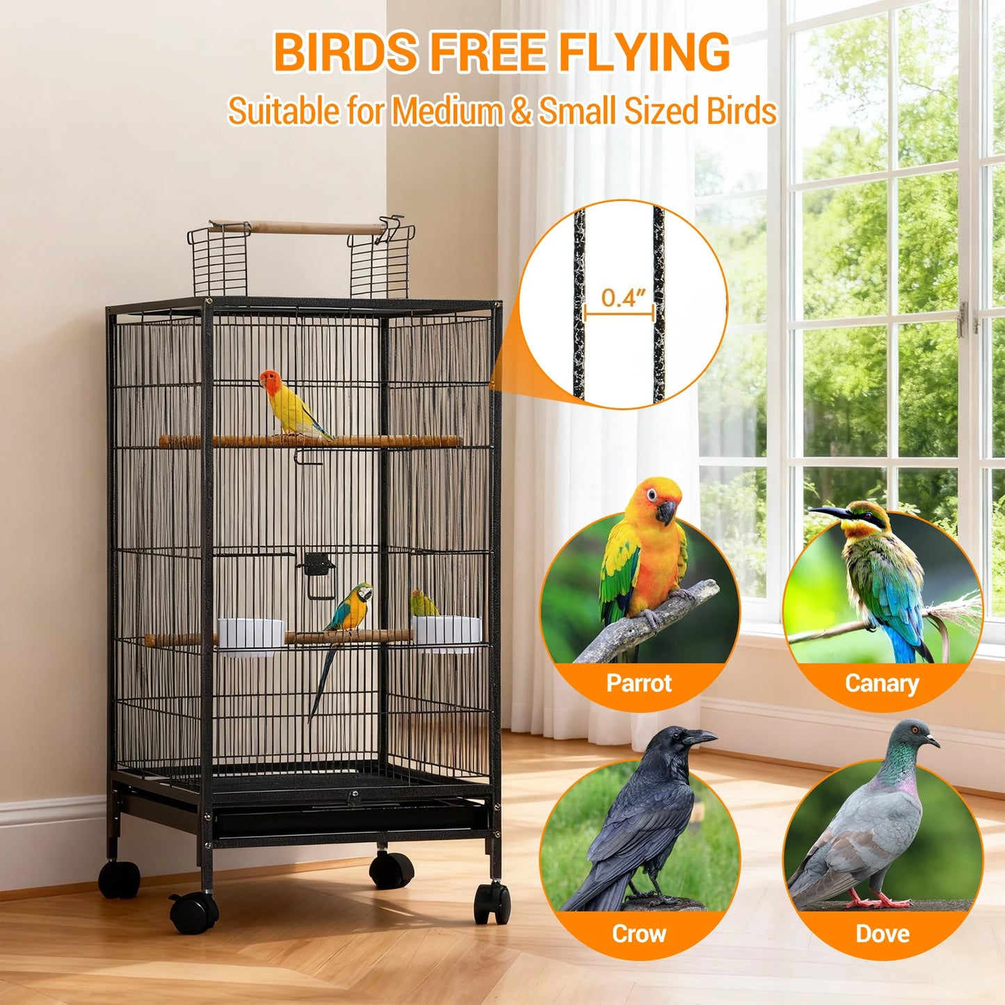HiMiss Open Top Metal Bird Cage With Perches Wheels Tray