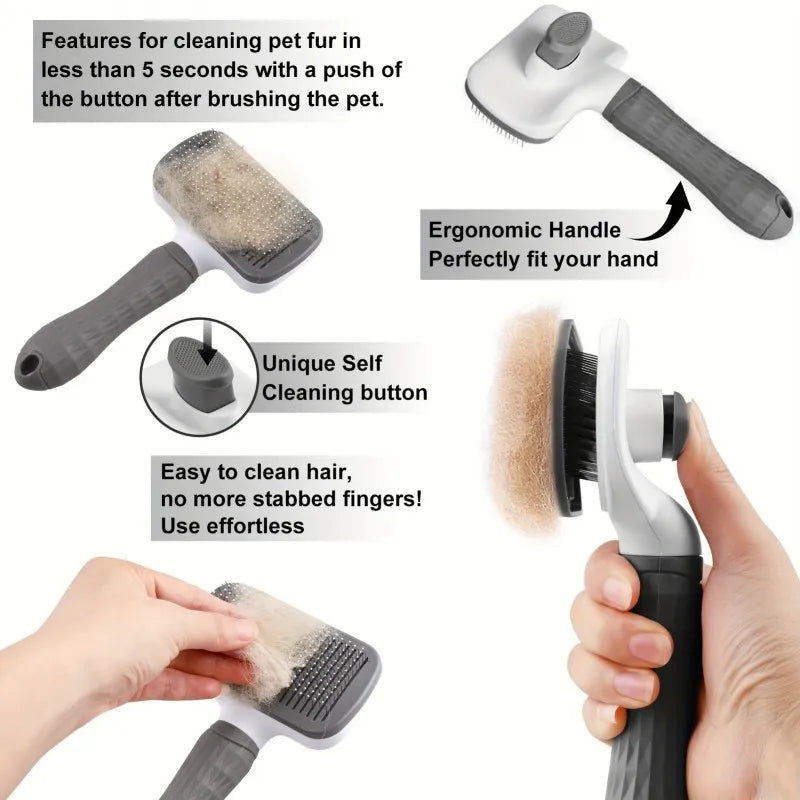 Ergonomic Self Cleaning Pet Brush With Round Tip Needles