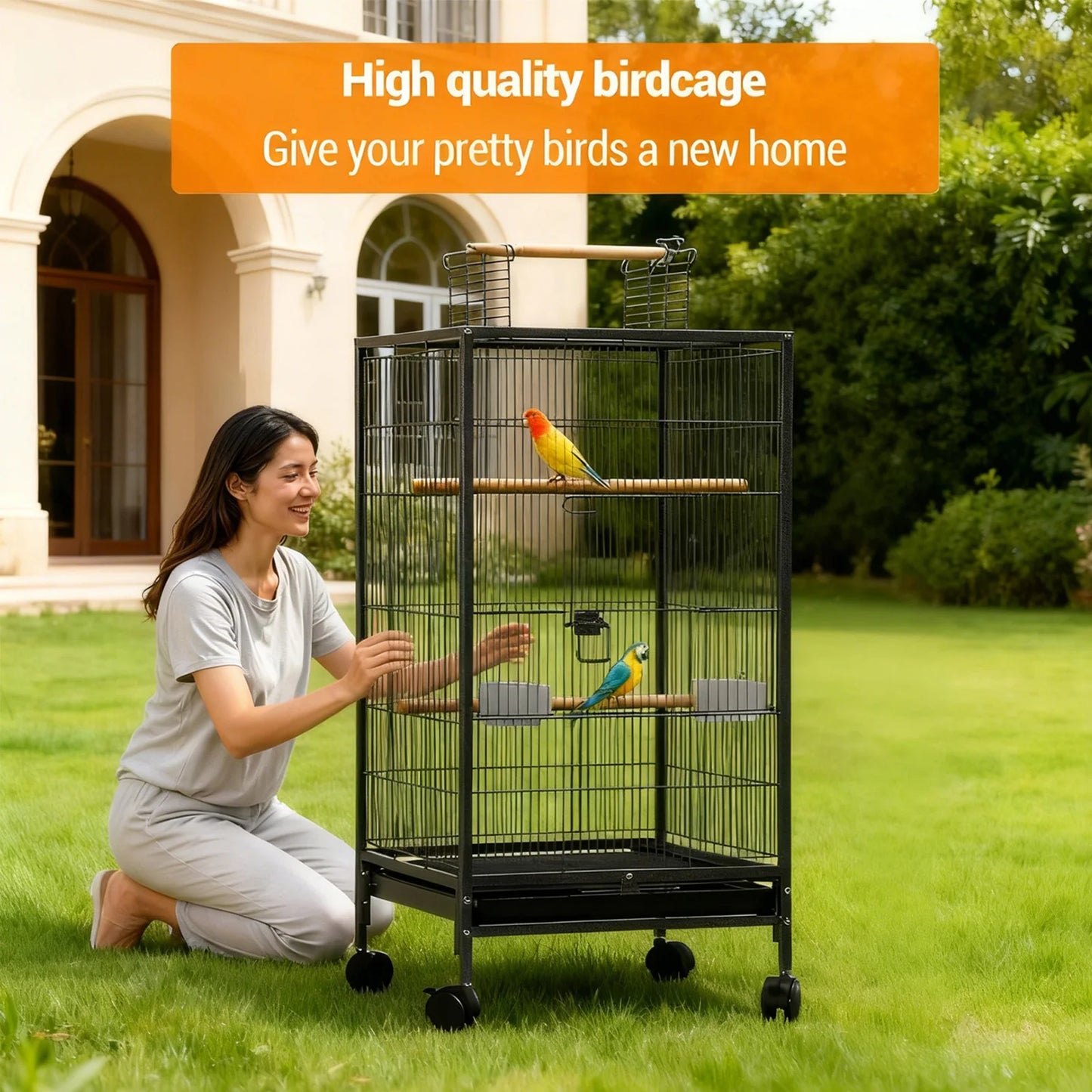 HiMiss Open Top Metal Bird Cage With Perches Wheels Tray