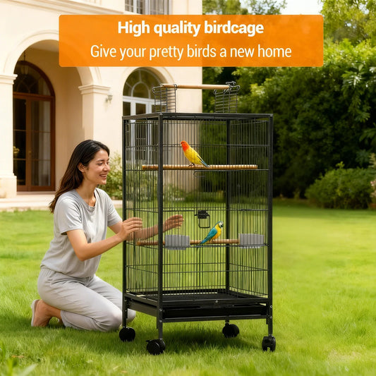 HiMiss Open Top Metal Bird Cage With Perches Wheels Tray