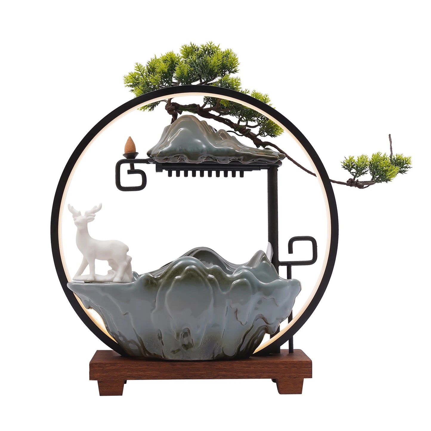 Bymaocar Ceramic Tabletop Fountain LED Mist Effect Bonsai Decor