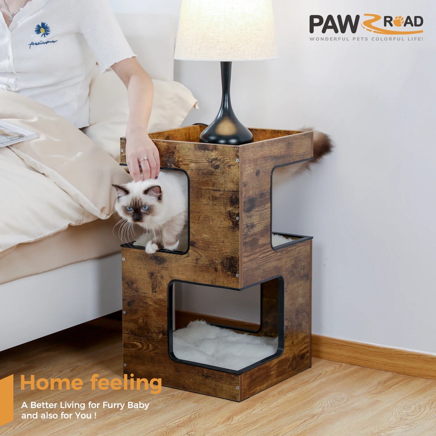 PAWZ Road Modern Wood Cat Condo Bed With Scratching Pad
