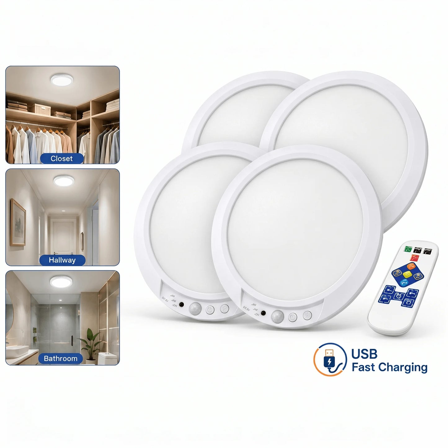 4/2Pack Rechargeable Sensor Ceiling Light with Remote Control, USB Charging, Magnetic Wireless Ceiling Light Battery Powered for Closet Shower Stairs Shed Hallway Porch Patio Ect