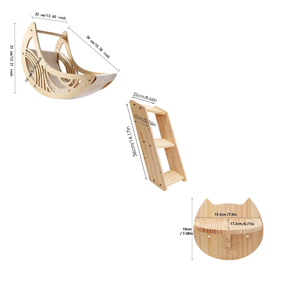 CWV Wall Mounted Cat Shelves Pine Wood Moon Star Platform