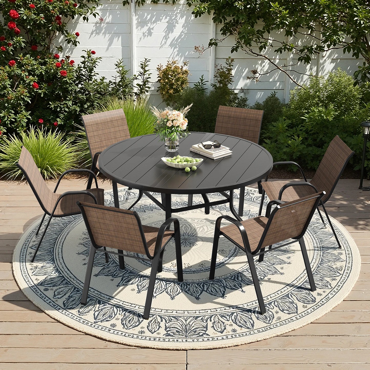 Seven Piece Metal Round Outdoor Dining Set For Patios
