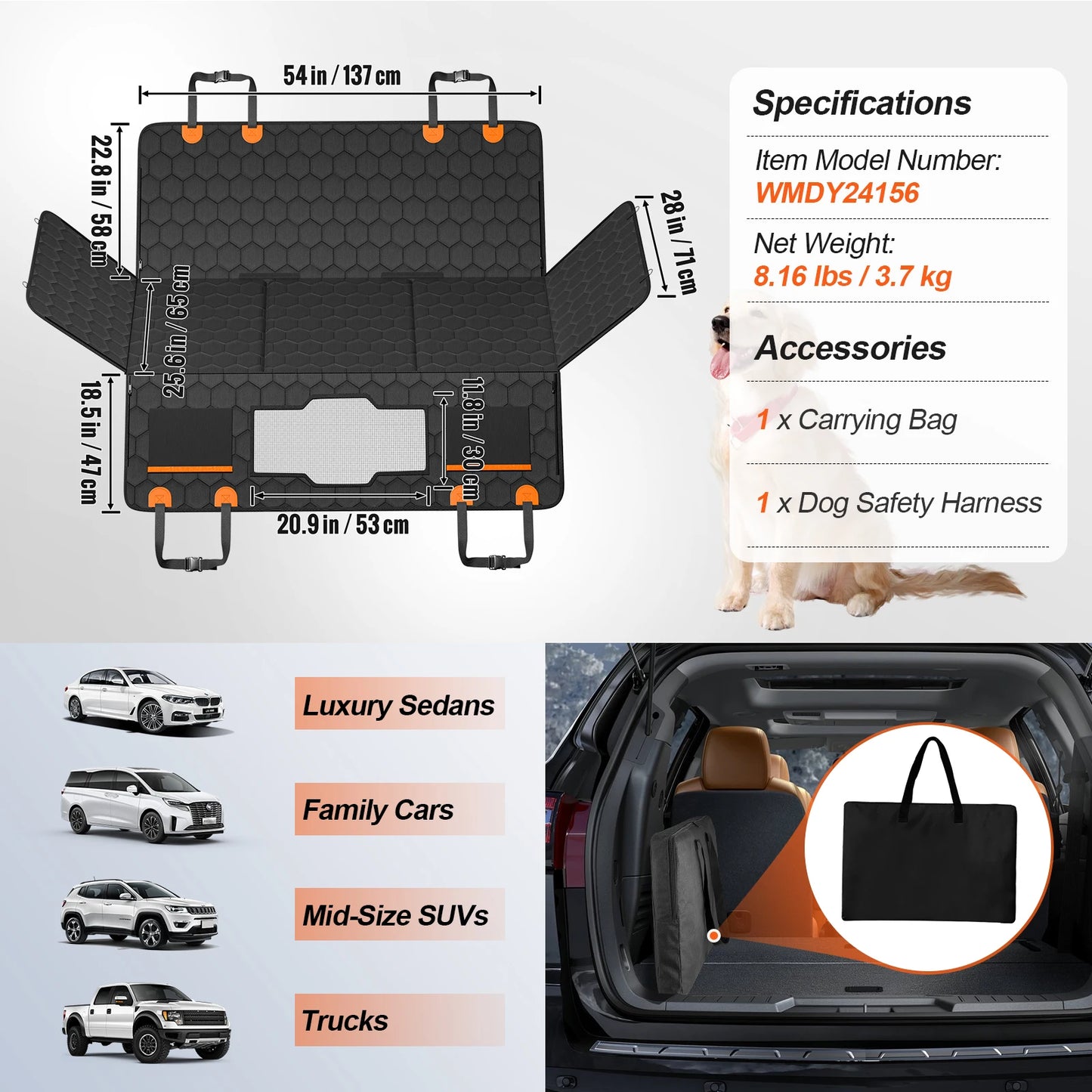 SucceBuy Dog Car Seat Back Extender With Mesh Vent Pocket