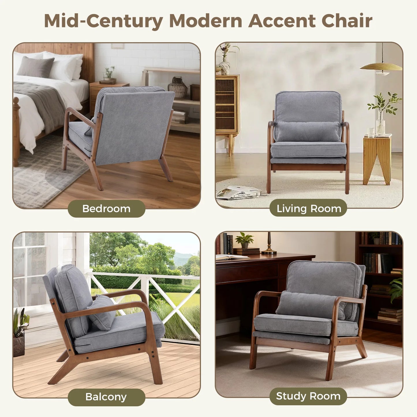 Jhk Mid Century Modern Wooden Frame Accent Lounge Chair