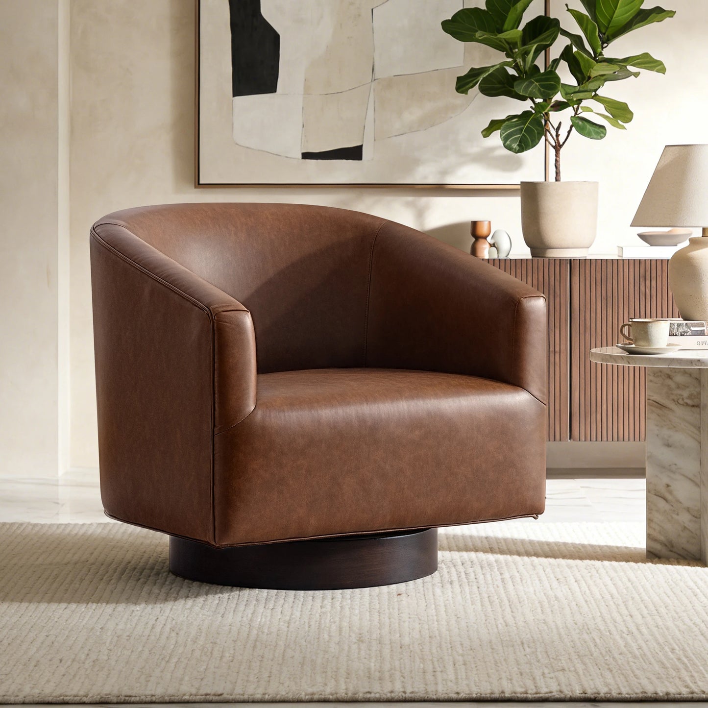 Kerdom Barrel Accent Chair With Linen Upholstery And Wood Frame