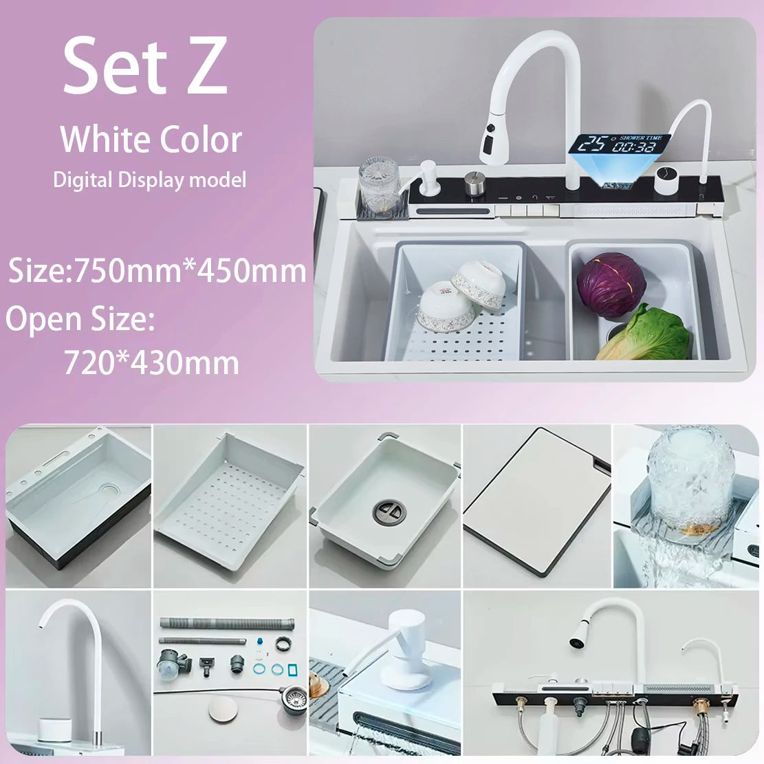 304 Stainless Steel Waterfall Kitchen Sink Large Single Slot Integrated Digital Display Faucet Set Soap Dispenser Cup Washer