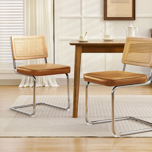 Kerdom Mid Century Rattan Dining Chairs PU Upholstered Chrome Cantilever