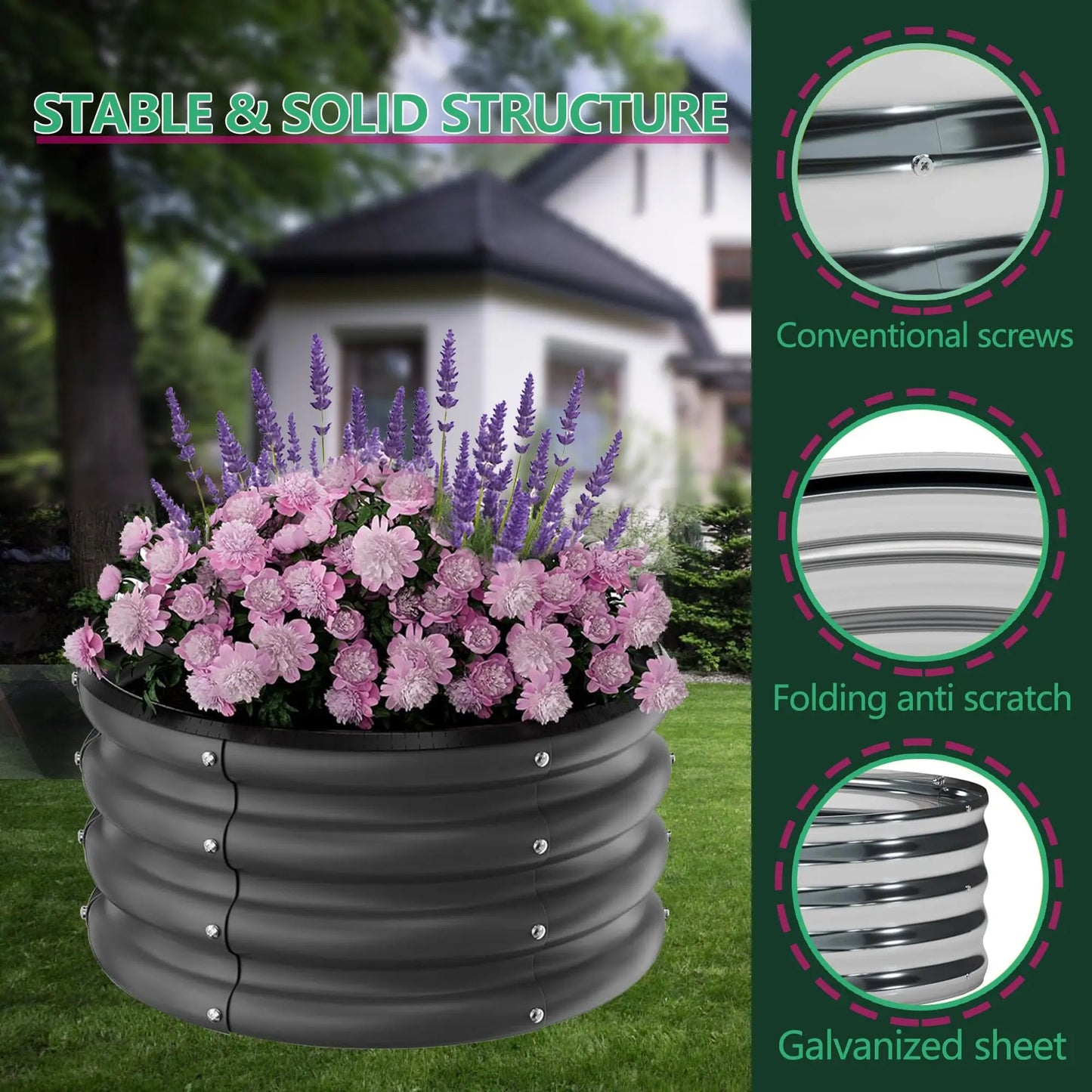 Galvanized Raised Garden Beds Outdoor, 3 Round Metal Planters (2x2x1Ft), Heavy Duty Flower Herb Vegetable Boxes, Open-Bottom