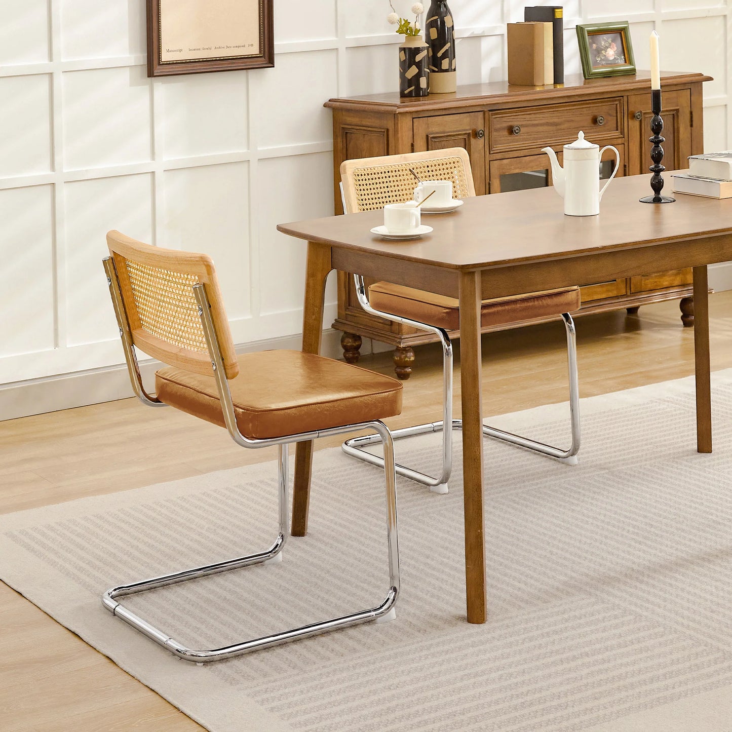 Kerdom Mid Century Rattan Dining Chairs PU Upholstered Chrome Cantilever