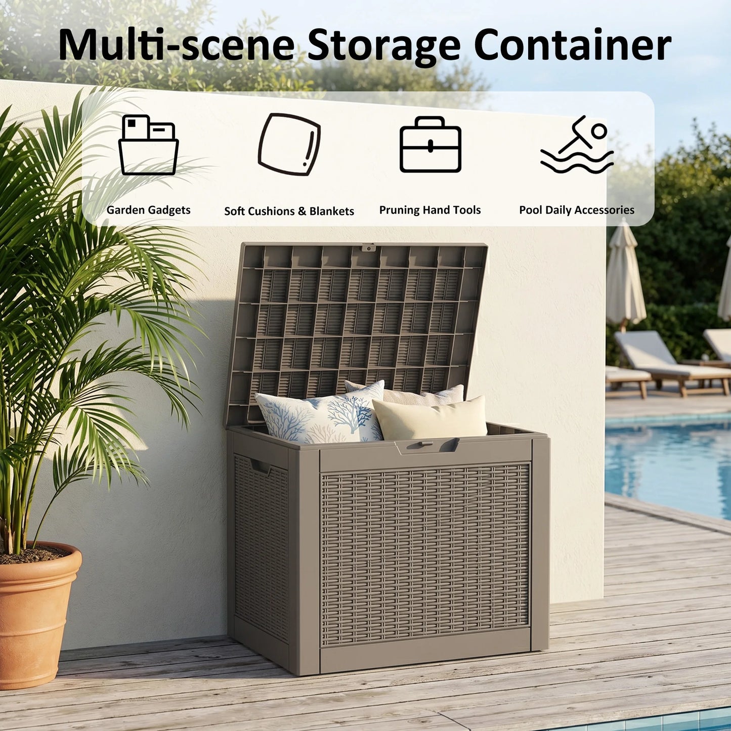 30 Gallon Gray Rattan Textured Resin Outdoor Deck Box Weatherproof Lockable Patio Storage Chest for Backyard Pool Garden Supplies