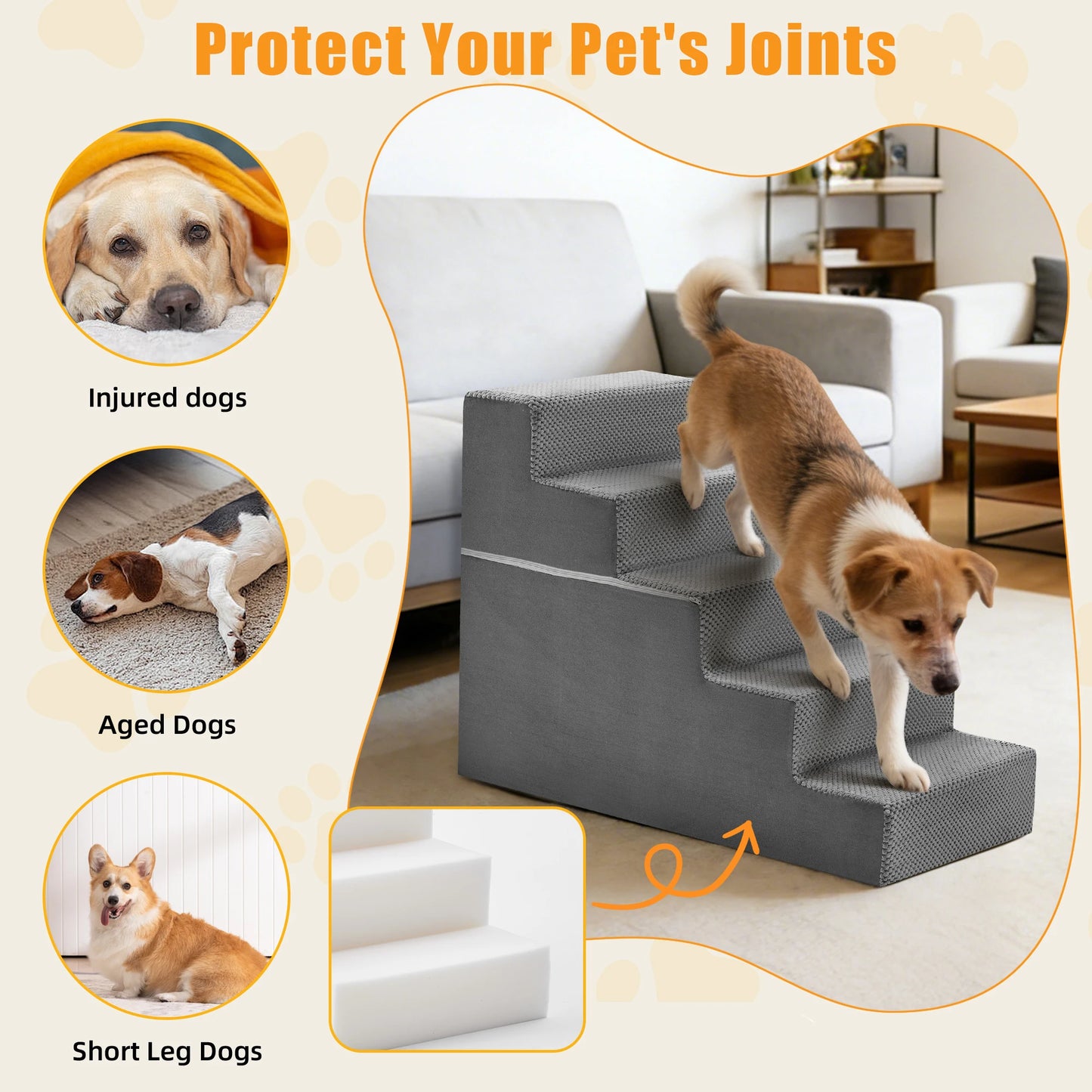 Foam Pet Stair Ramp With Curved Steps For Indoor Dogs