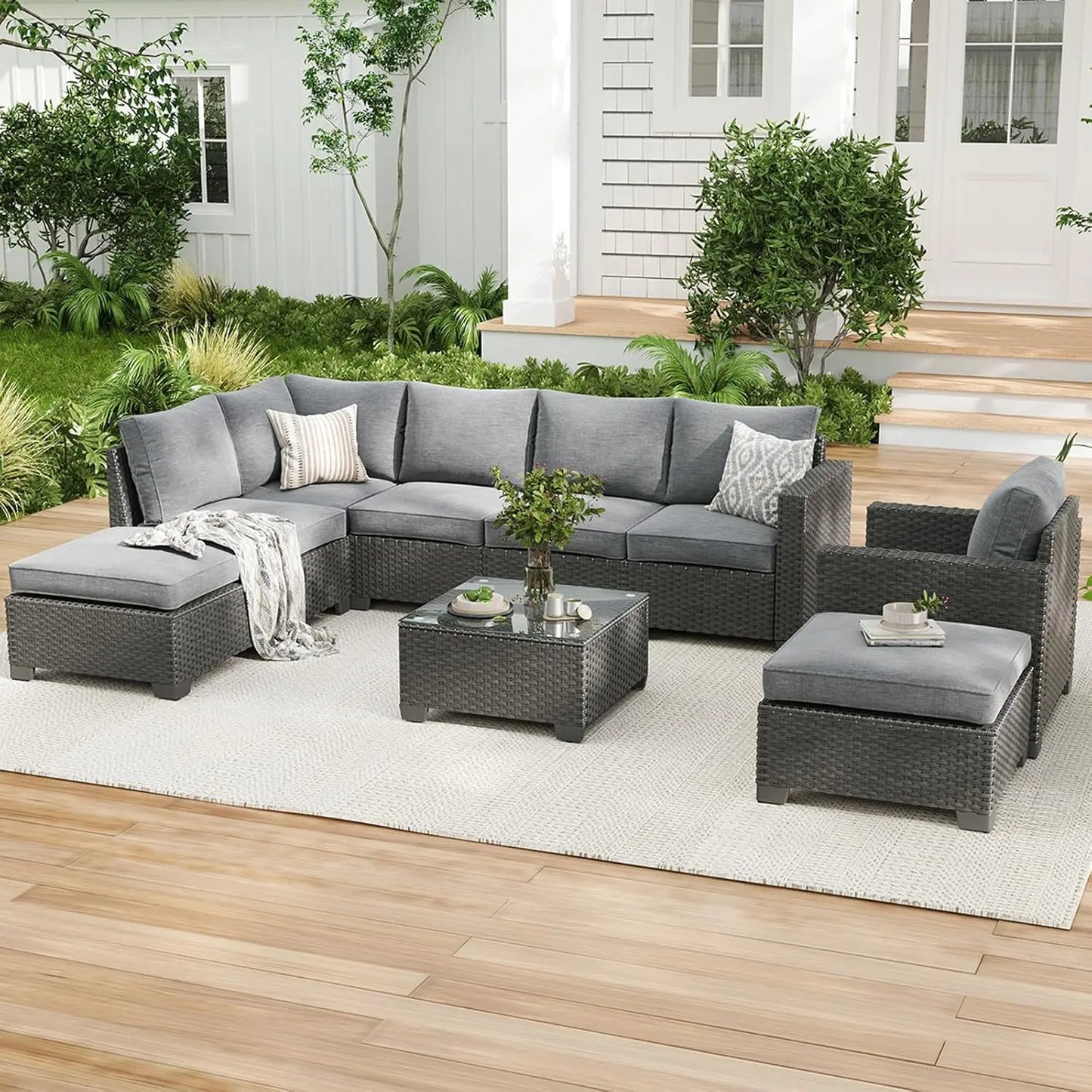 Outdoor Rattan Sectional Sofa Set With Stain Resistant Fabric Ottoman