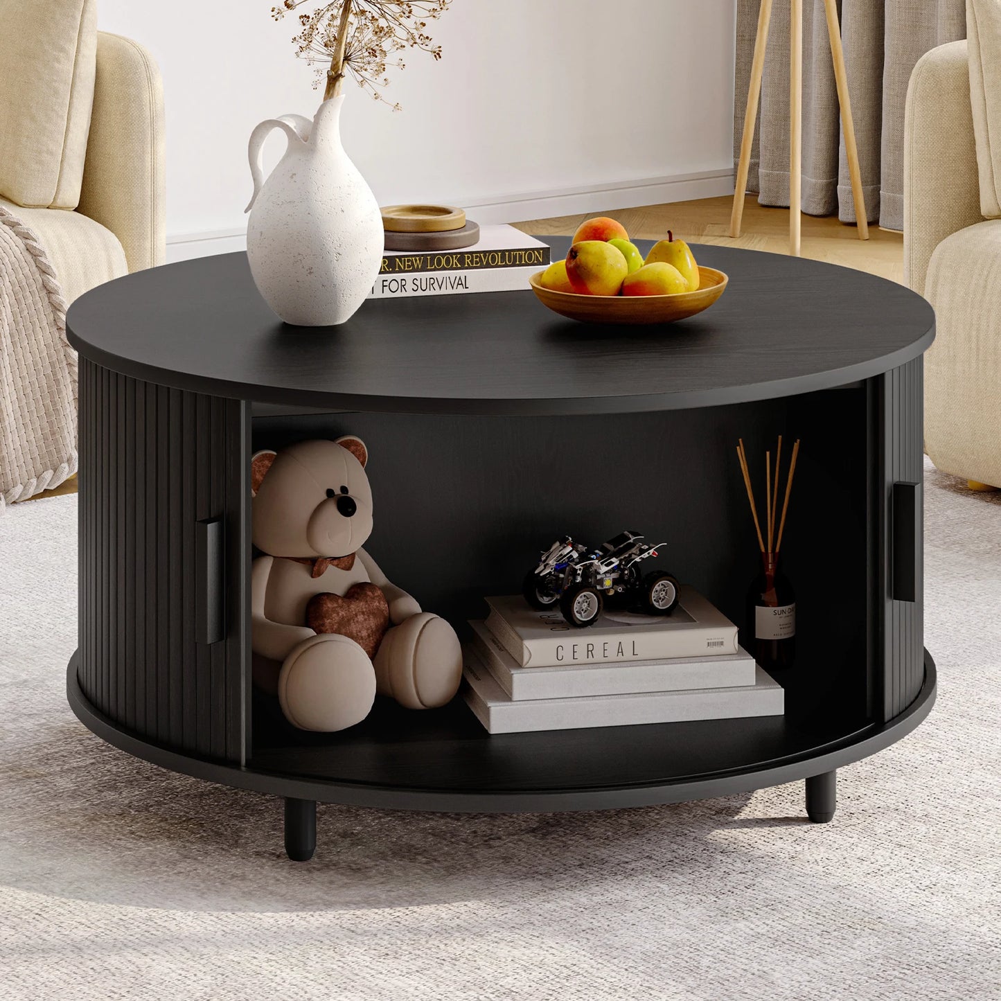 Onbrill Modern Fluted Round Coffee Table Featuring Sliding Storage Door