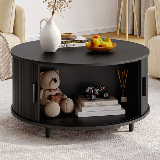 Onbrill Modern Fluted Round Coffee Table Featuring Sliding Storage Door