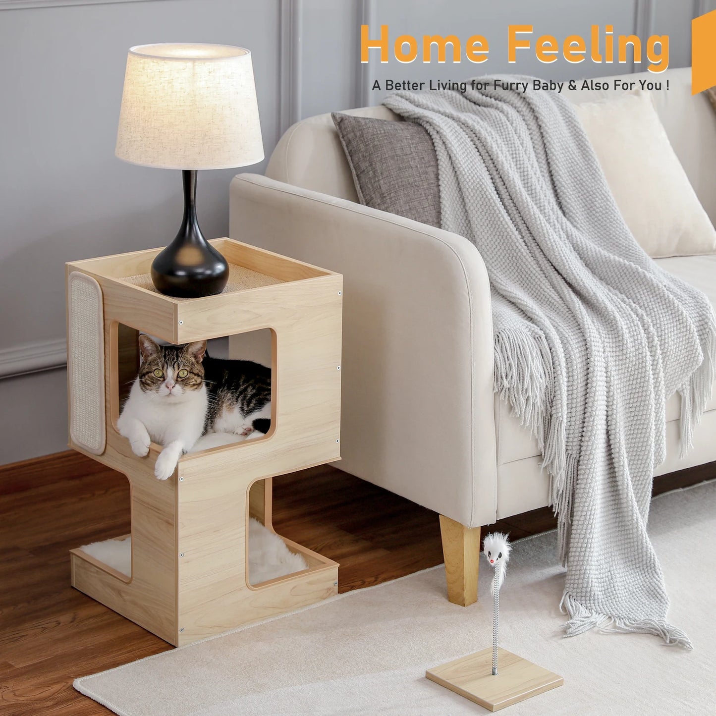 PAWZ Road Modern Wood Cat Condo Bed With Scratching Pad