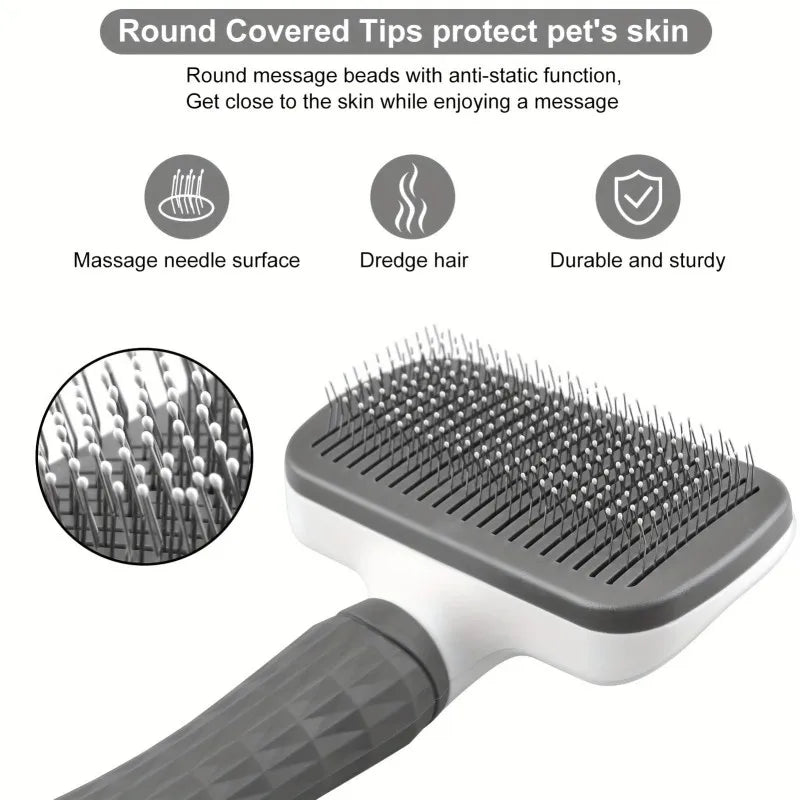 Ergonomic Self Cleaning Pet Brush With Round Tip Needles