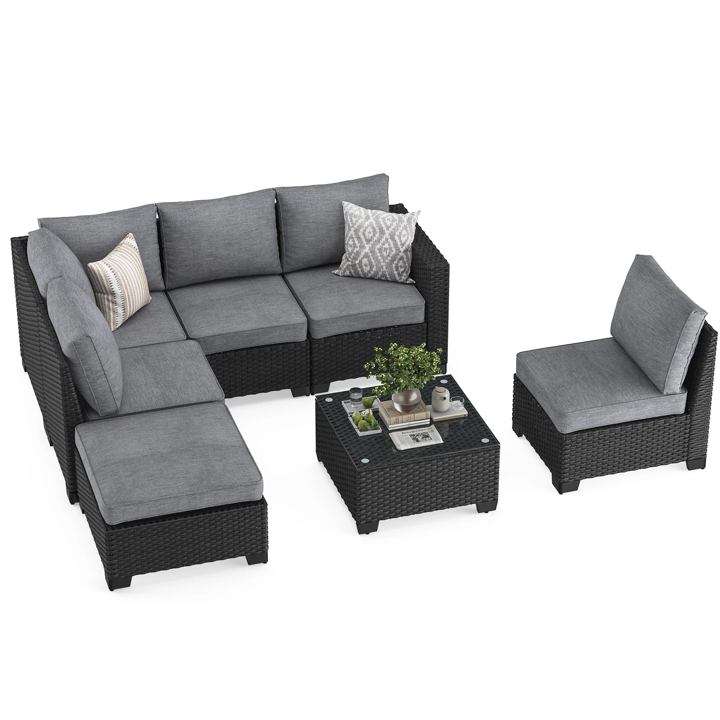 Outdoor Rattan Sectional Sofa Set With Stain Resistant Fabric Ottoman