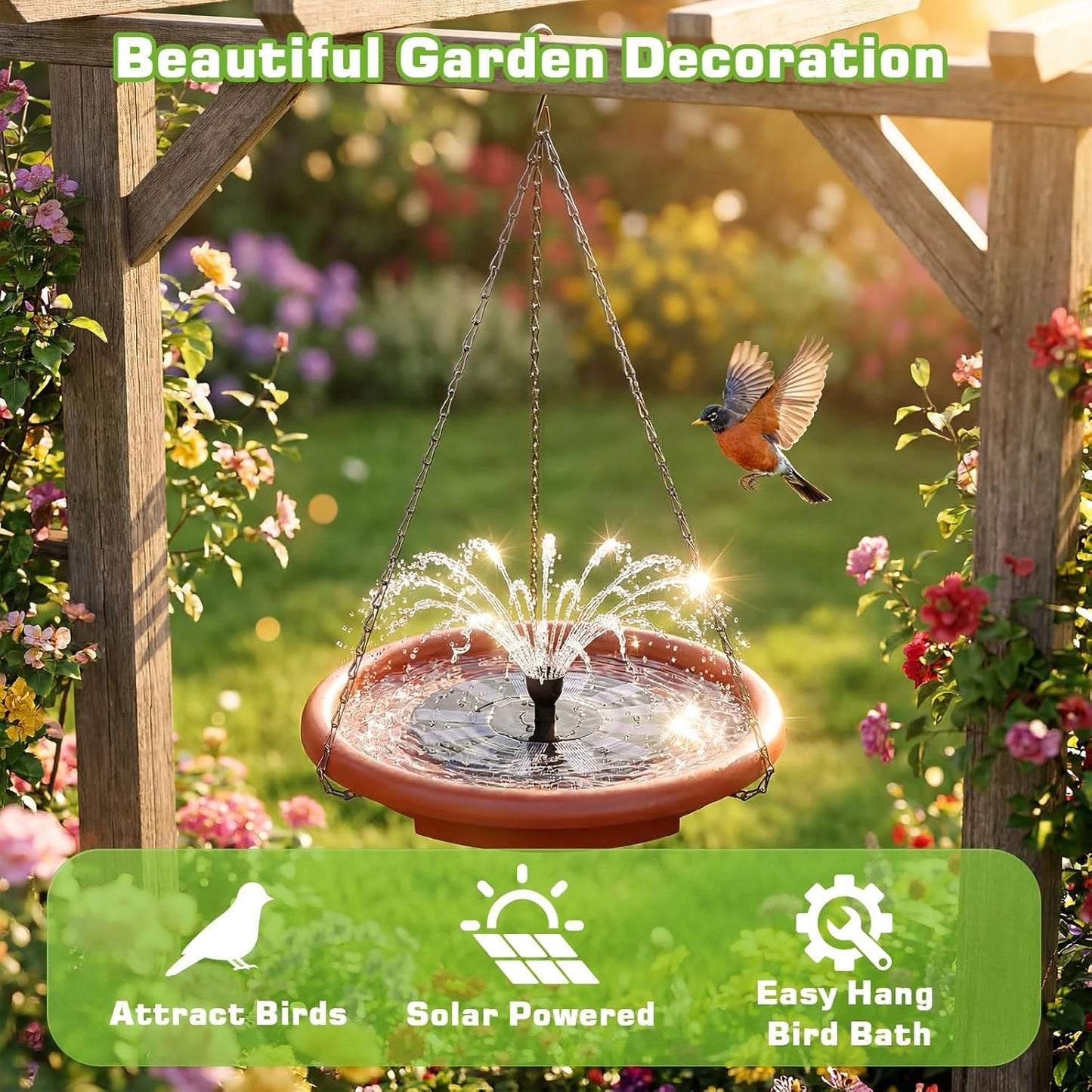 Solar Hanging Bird Bath With Quiet Water Fountain And Steps