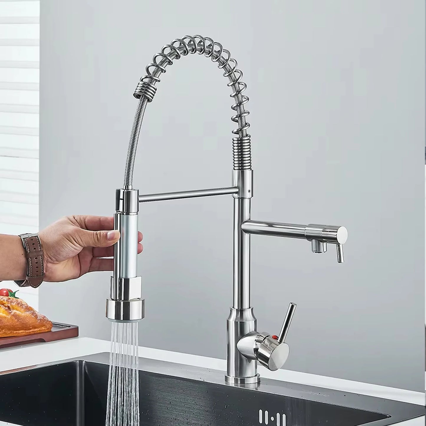 Black Spring Pull Down Stainless Steel Kitchen Sink Faucet Hot Cold Water Mixer Crane Tap with Dual Spout 360° Rotation Faucet