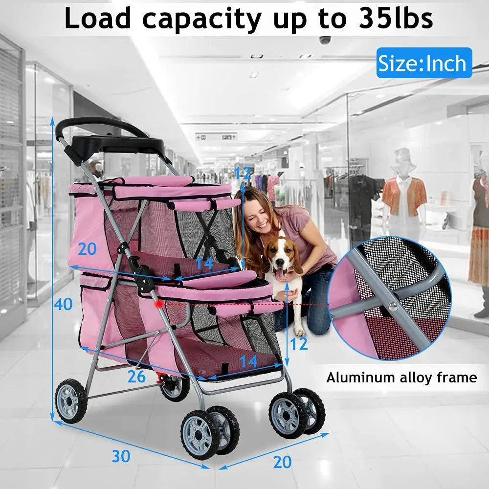 Double Pet Stroller With Cup Holder And Foldable Design