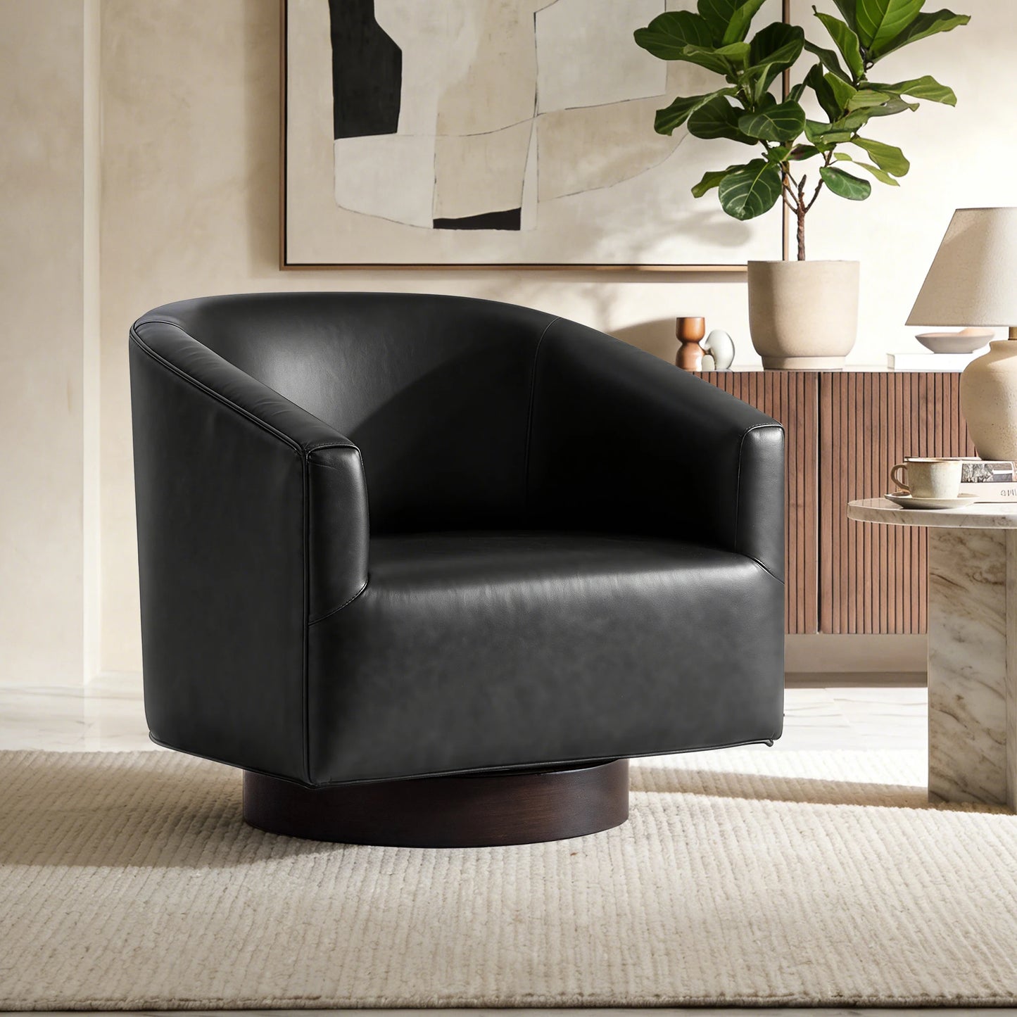 Kerdom Barrel Accent Chair With Linen Upholstery And Wood Frame