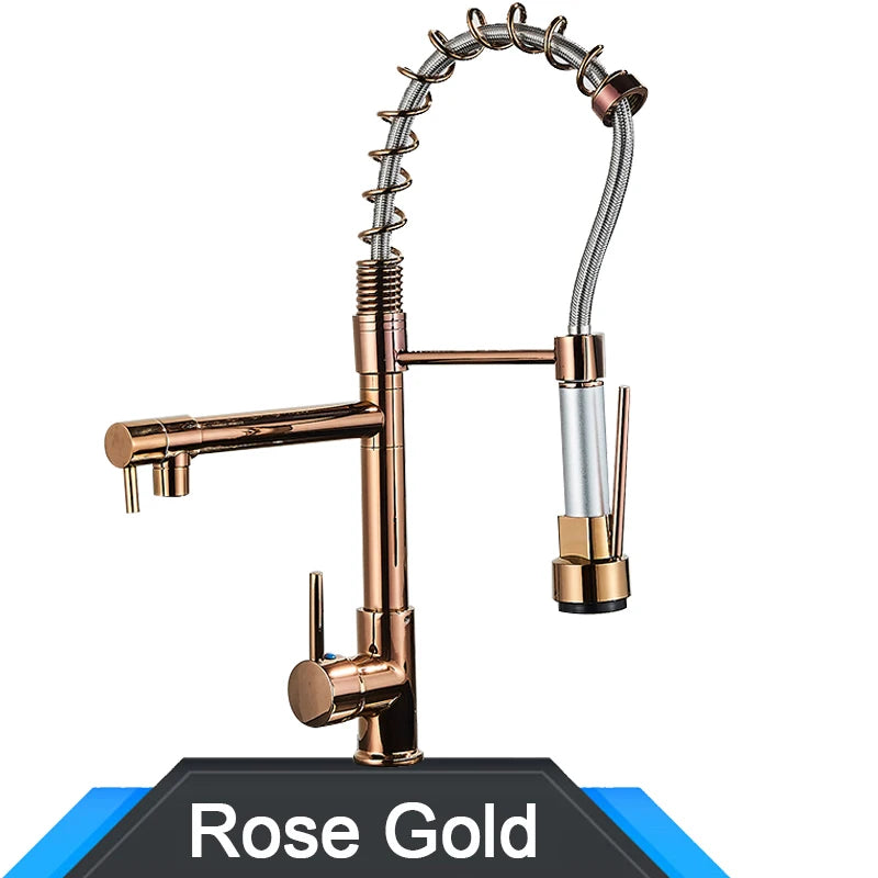 Rozin Black and Rose Golden Spring Pull Down Kitchen Sink Faucet  Hot & Cold Water Mixer Crane Tap with Dual Spout Deck Mounted