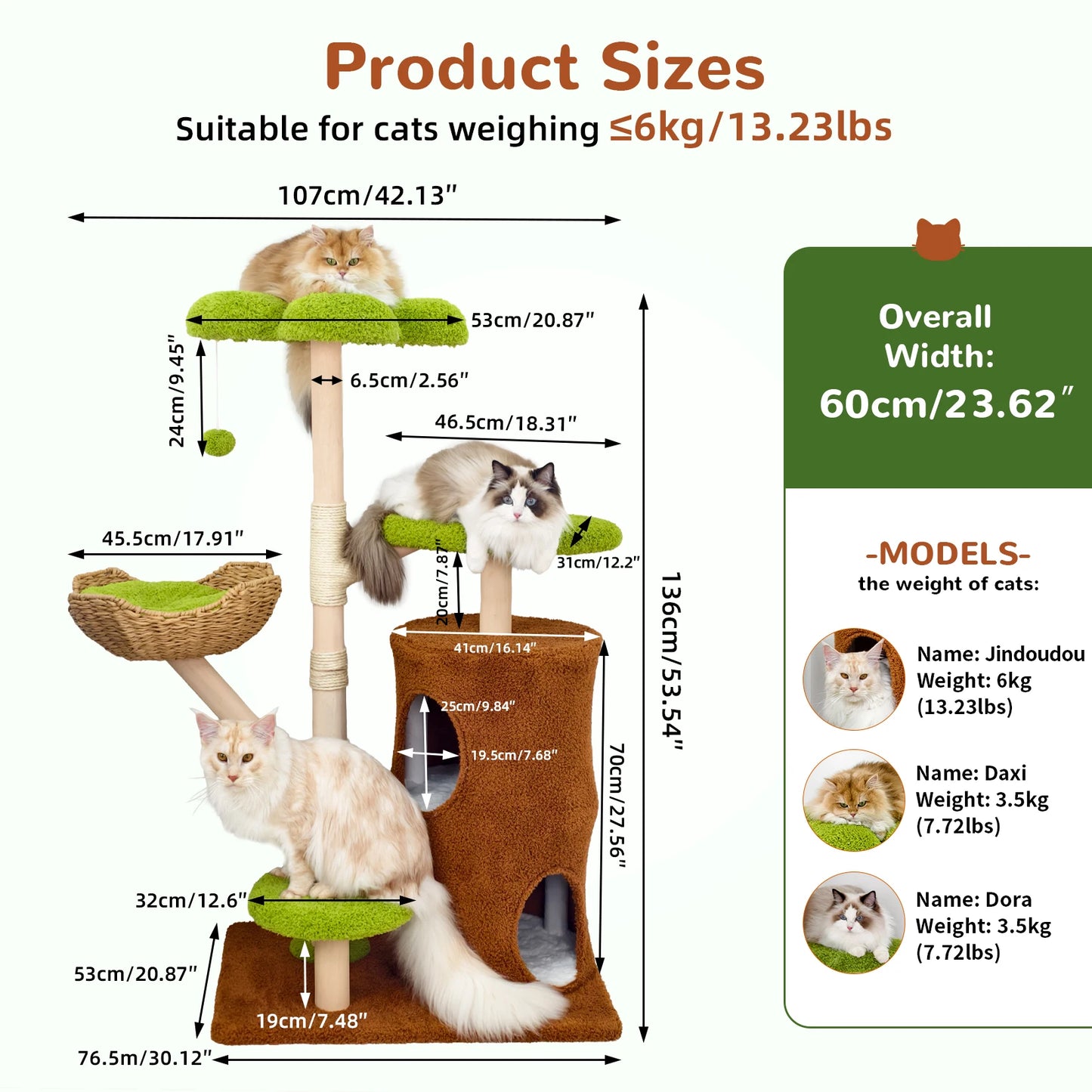 Borwart Solid Wooden Cat Tree Tower With Sisal Scratching Post