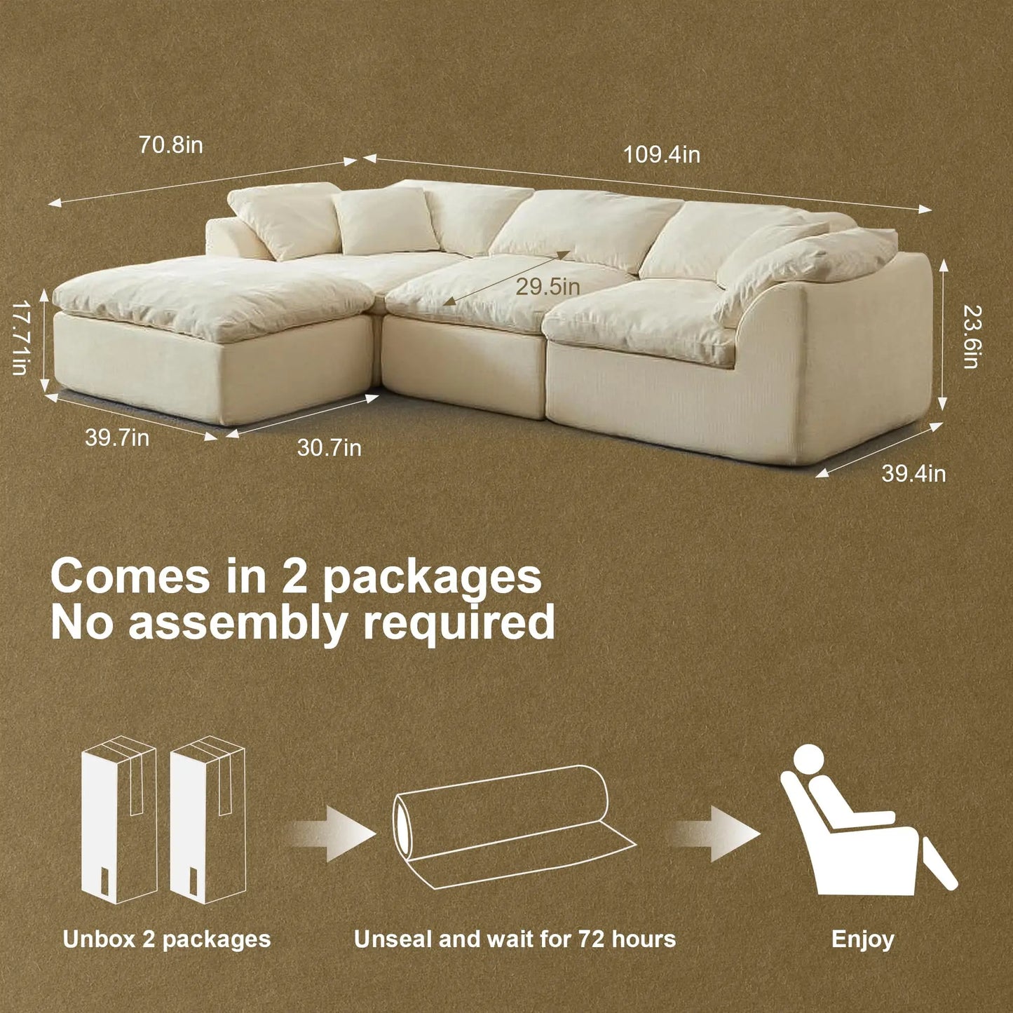 Modern Cloud L-Shaped 3-Seater Oversized Deep Seat Chenille Fabric Sofa green Modular Sectional with Ottoman