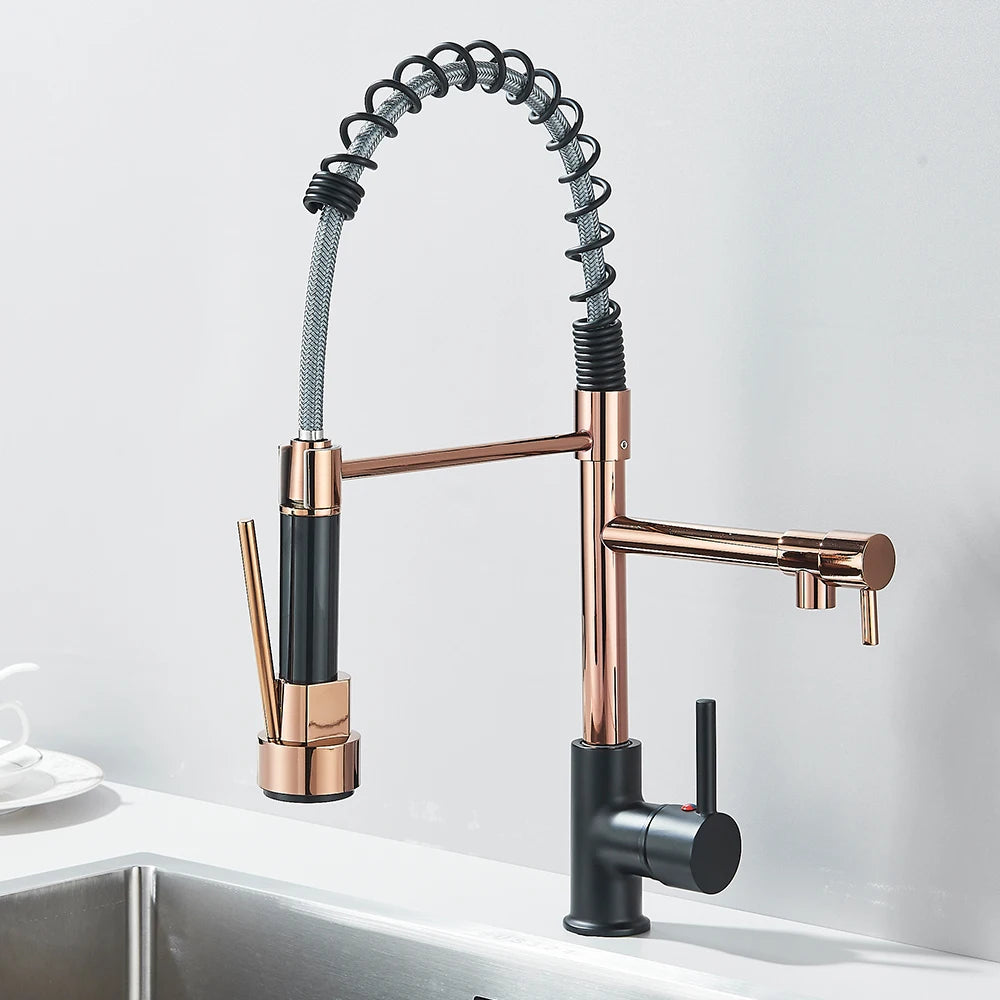 Rozin Black and Rose Golden Spring Pull Down Kitchen Sink Faucet  Hot & Cold Water Mixer Crane Tap with Dual Spout Deck Mounted
