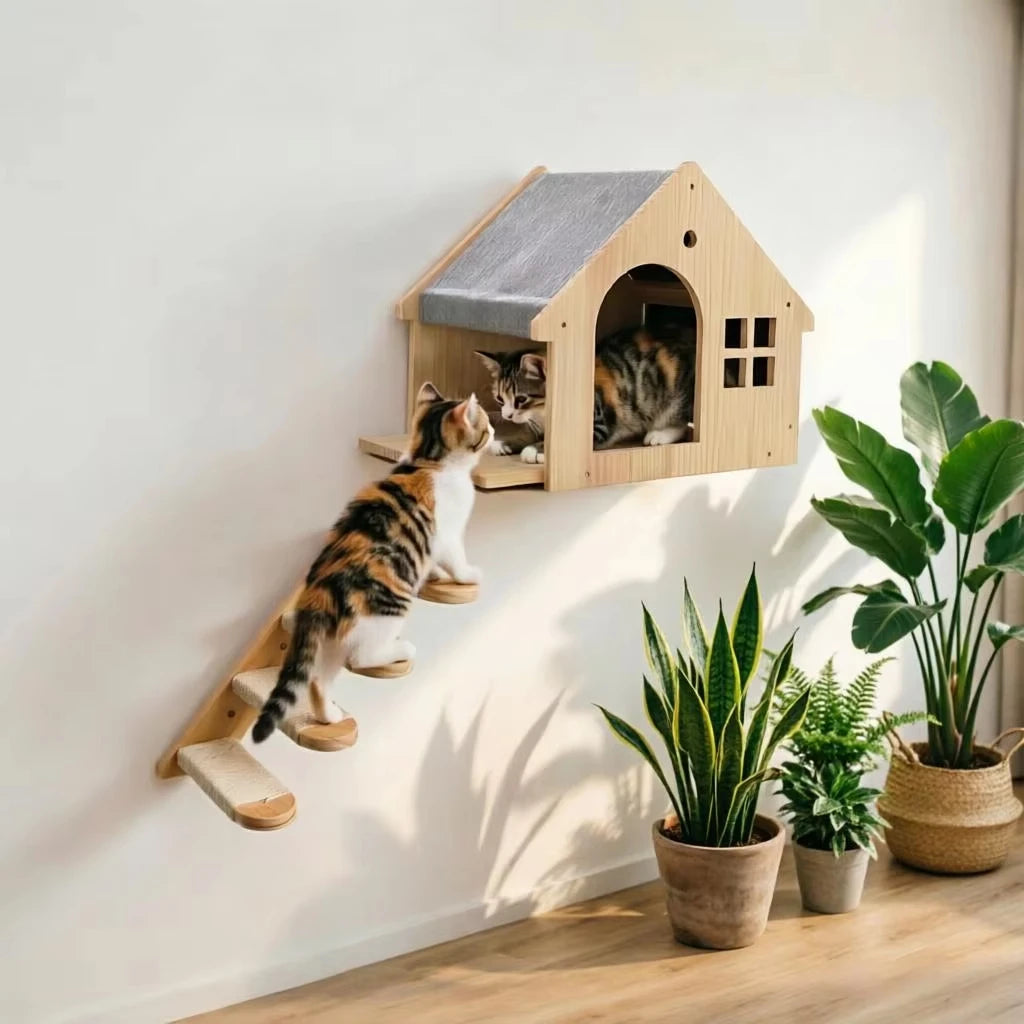 Wooden Wall Mount Cat Climbing Villa Floating Shelf