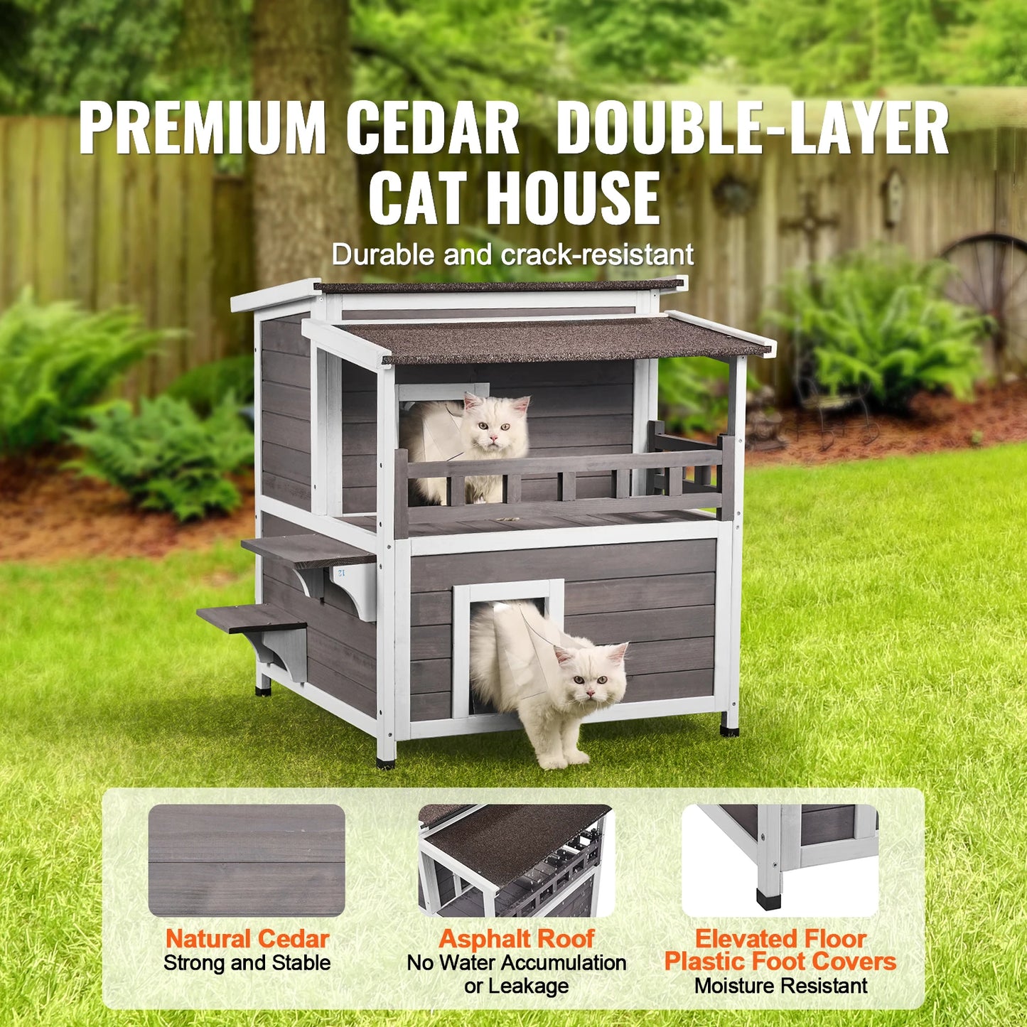 SucceBuy Weatherproof Outdoor Cat House Cedar Shelter With Balcony