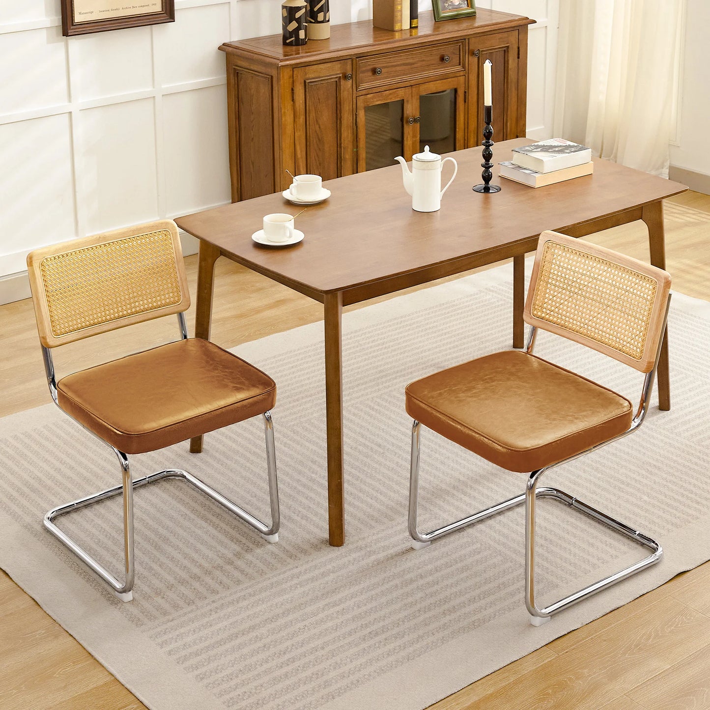 Kerdom Mid Century Rattan Dining Chairs PU Upholstered Chrome Cantilever