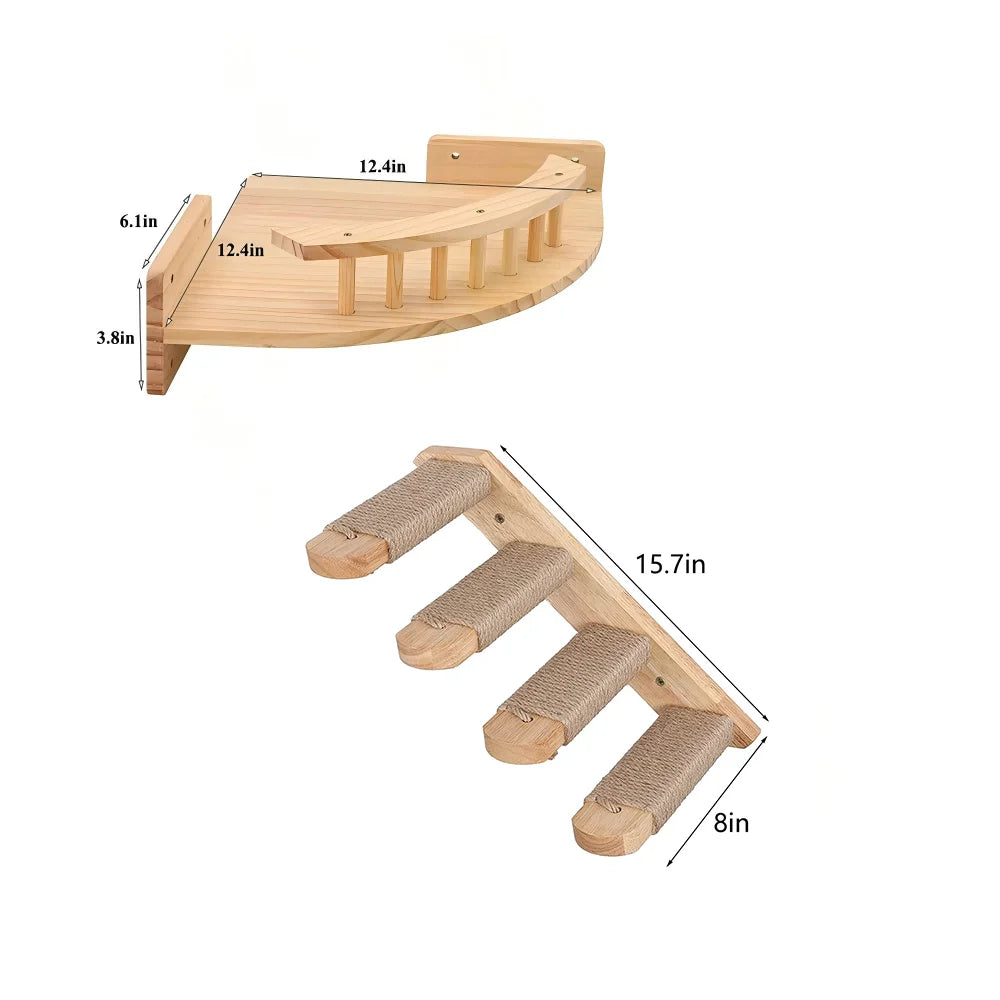 CWV Pine Wood Wall Mounted Cat Tree With Steps Hammock