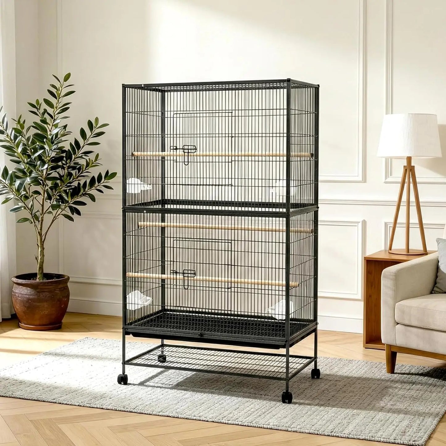 HiMISS Large Bird Cage With Rolling Stands And Bowls