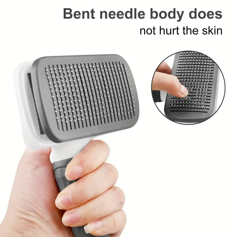 Ergonomic Self Cleaning Pet Brush With Round Tip Needles