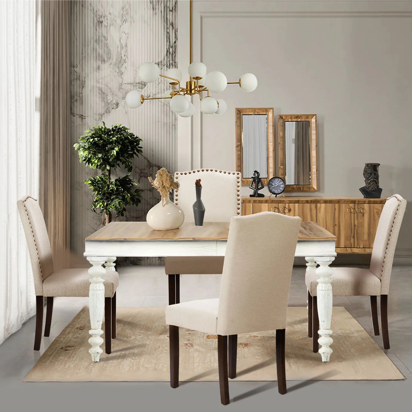 MCQ Pair Modern Fabric Dining Chairs Padded Seats Wooden Legs