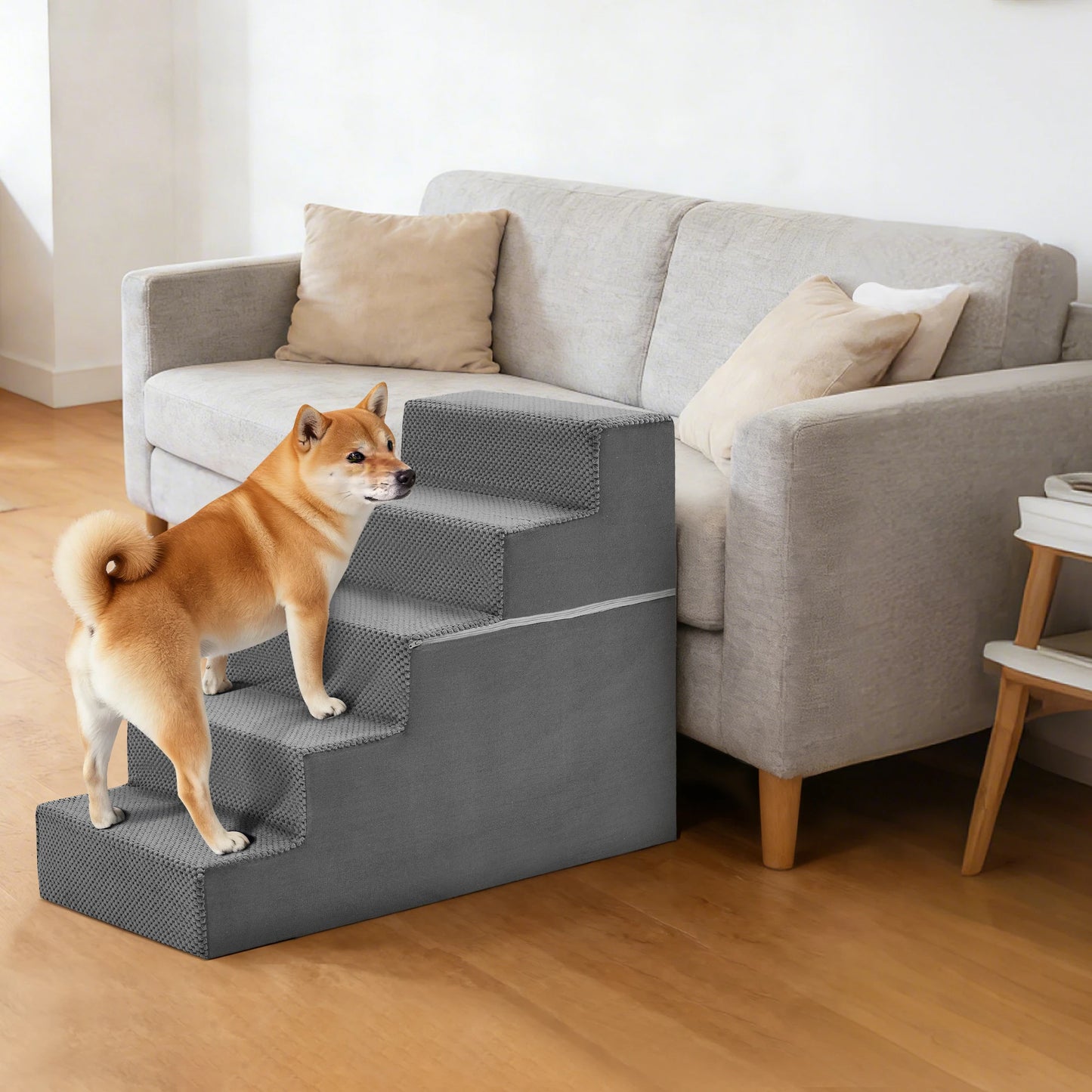 Foam Pet Stair Ramp With Curved Steps For Indoor Dogs