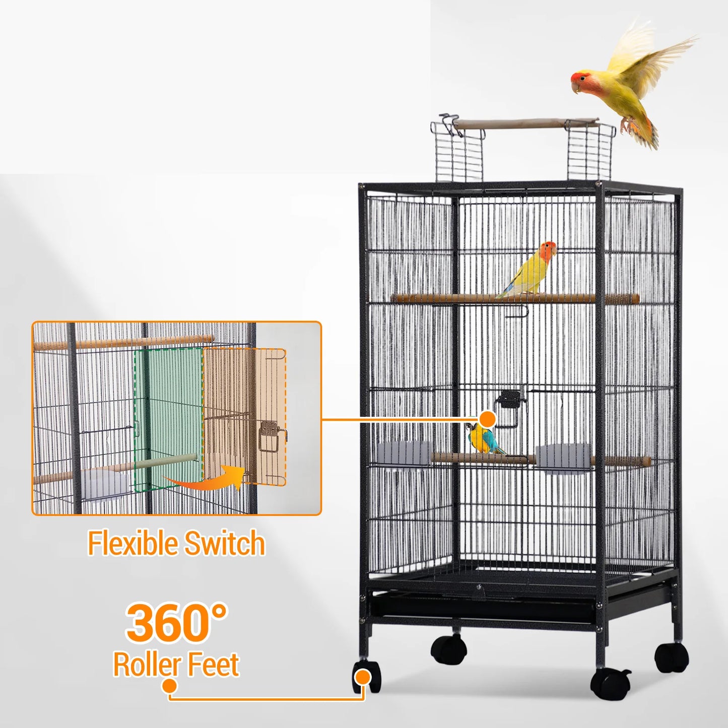 HiMiss Open Top Metal Bird Cage With Perches Wheels Tray