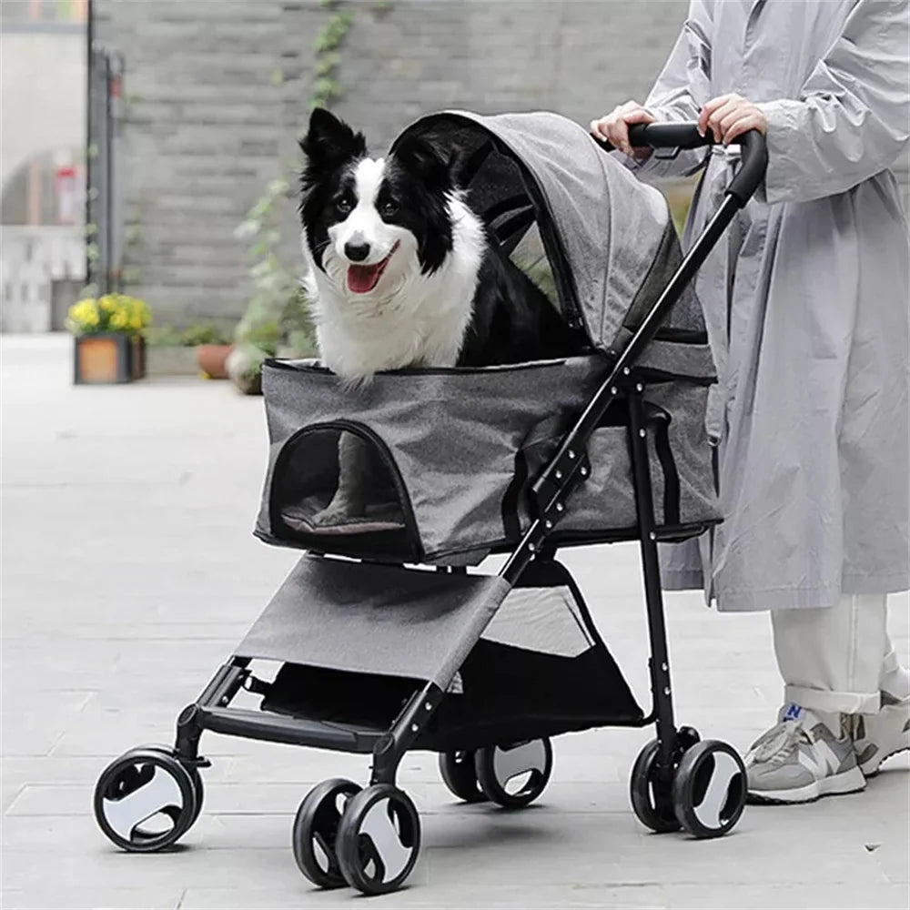 Foldable Pet Stroller With Storage Basket And Rain Cover
