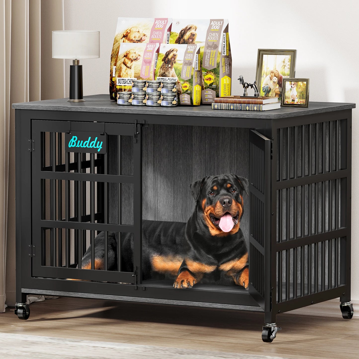Heavy Duty Wooden Dog Crate Furniture Indoor Kennel With Casters