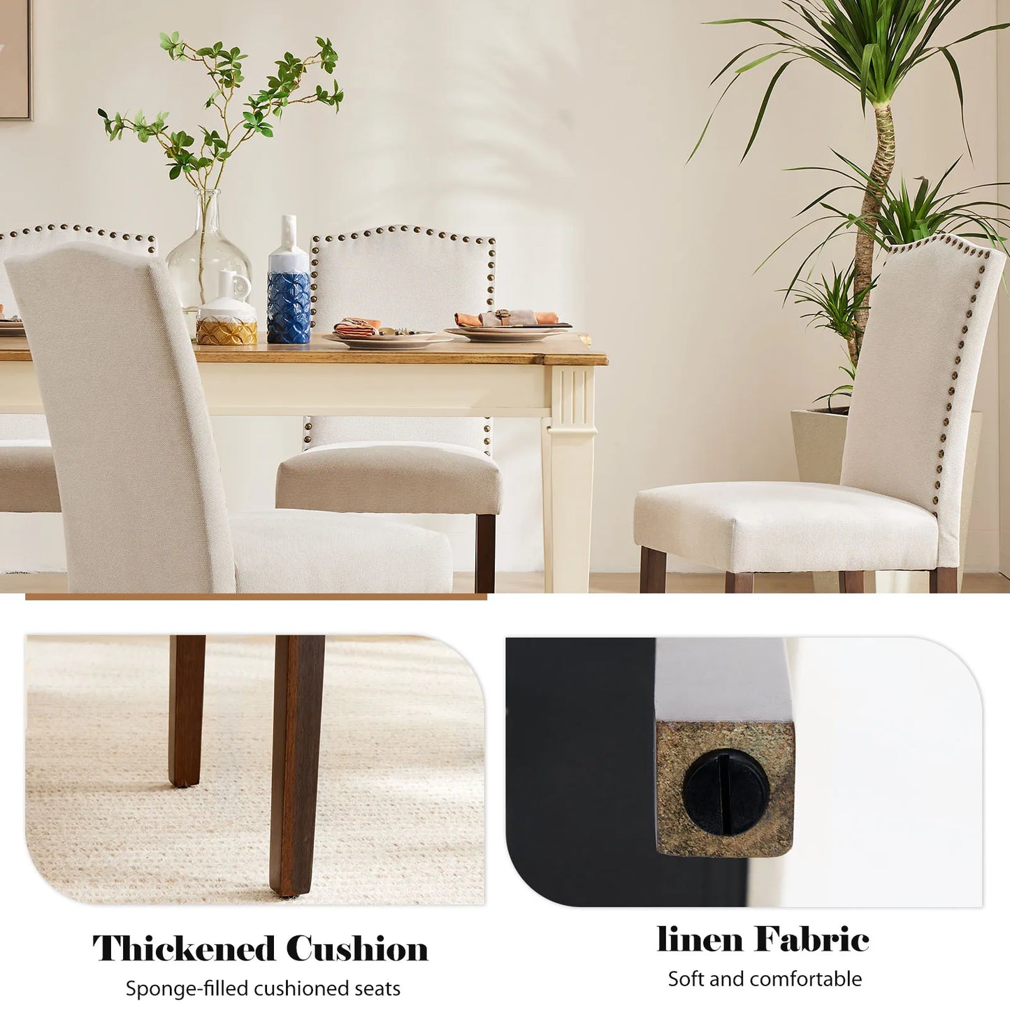 MCQ Pair Modern Fabric Dining Chairs Padded Seats Wooden Legs