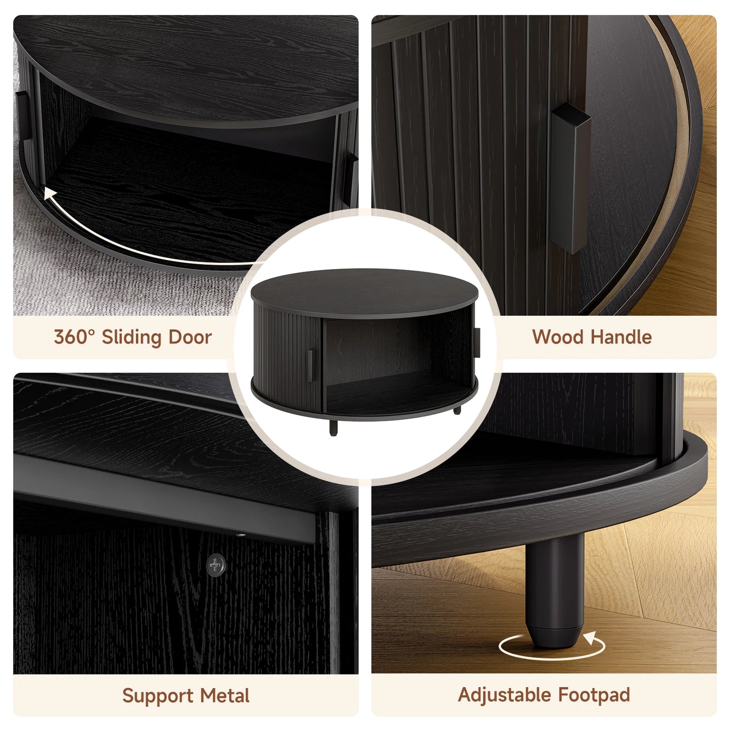 Onbrill Modern Fluted Round Coffee Table Featuring Sliding Storage Door