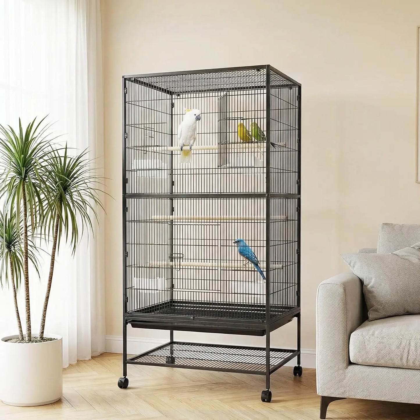 HiMISS Large Bird Cage With Rolling Stands And Bowls