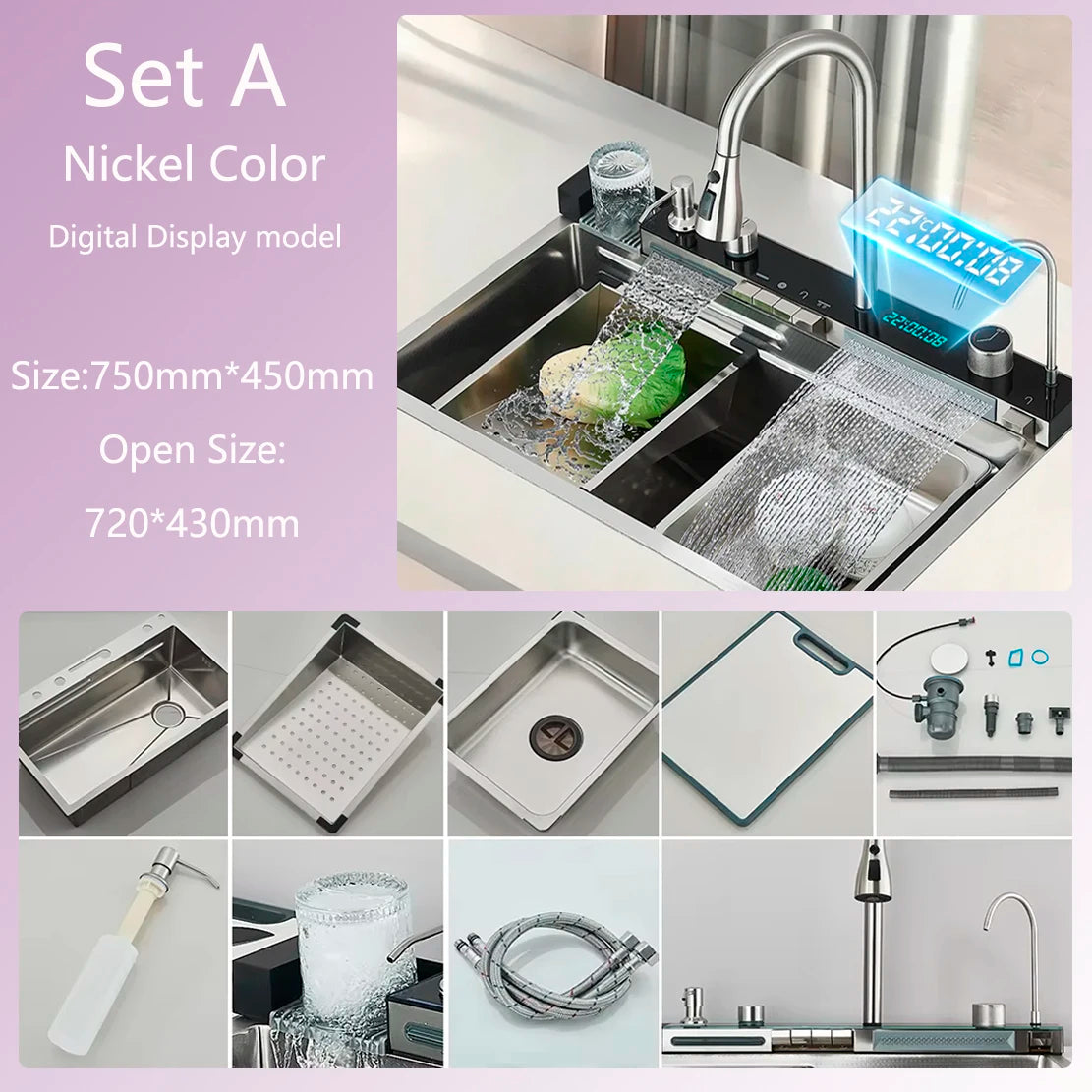 304 Stainless Steel Waterfall Kitchen Sink Large Single Slot Integrated Digital Display Faucet Set Soap Dispenser Cup Washer