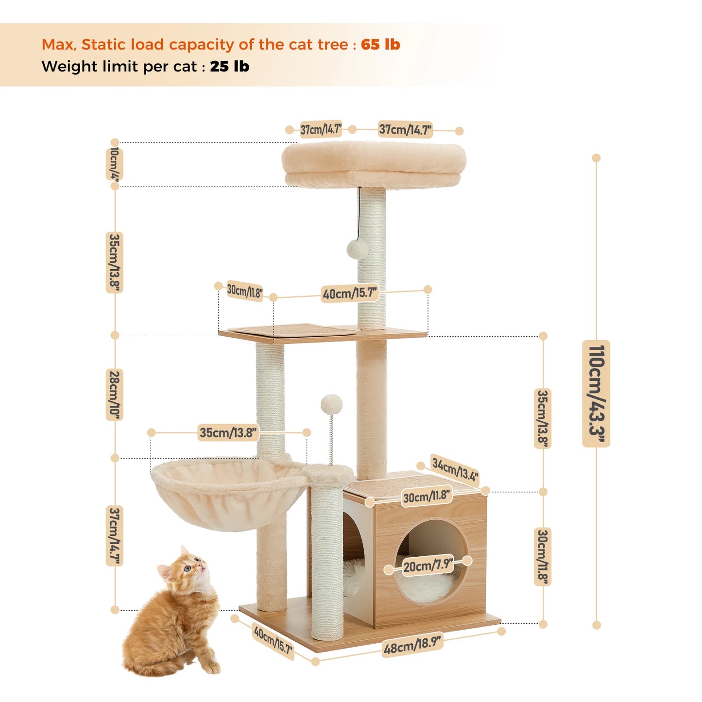 PAWZ Road Modern Cat Tree With Hammock And Sisal Posts