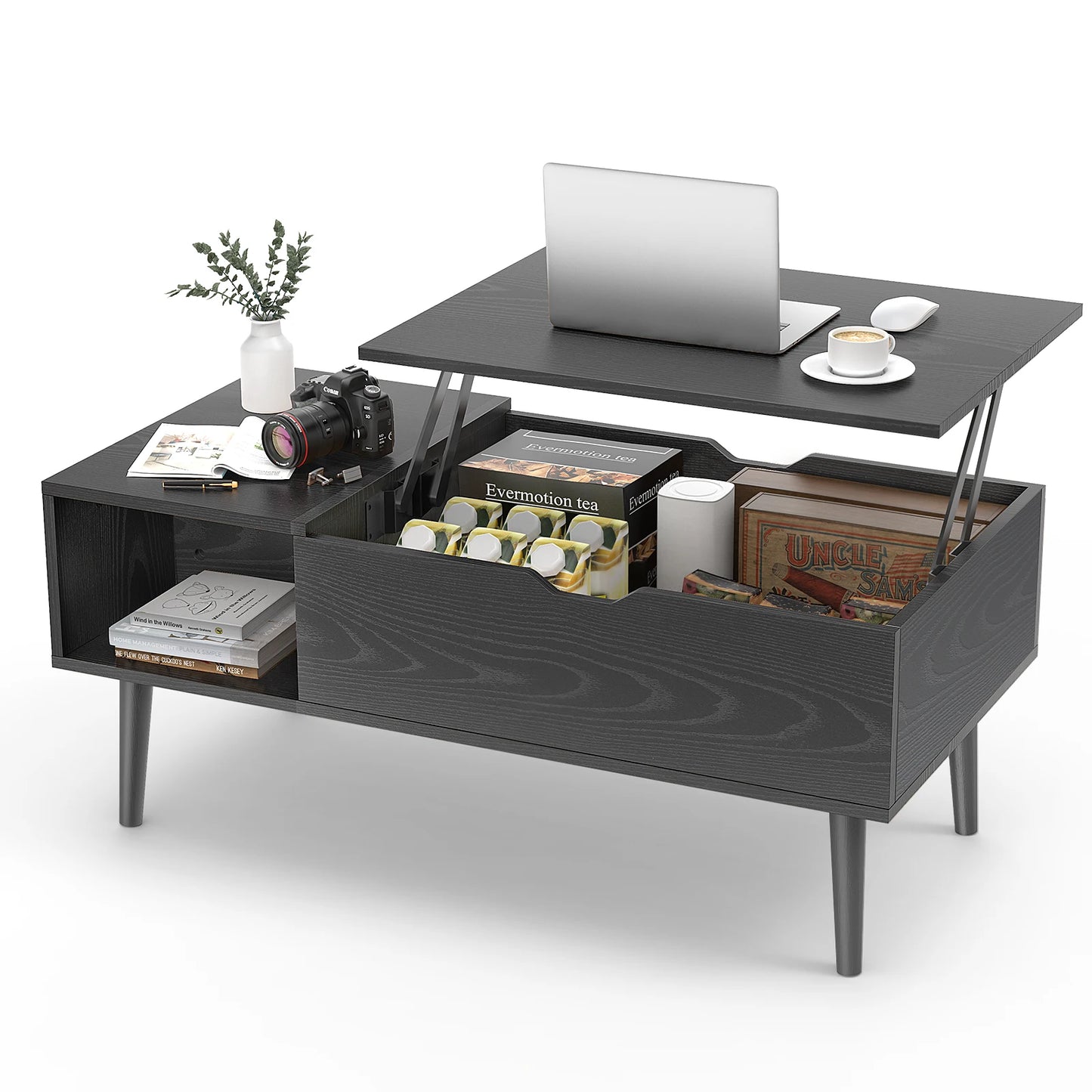 JHK Wood Lift Top Coffee Table Featuring Adjustable Storage Shelf